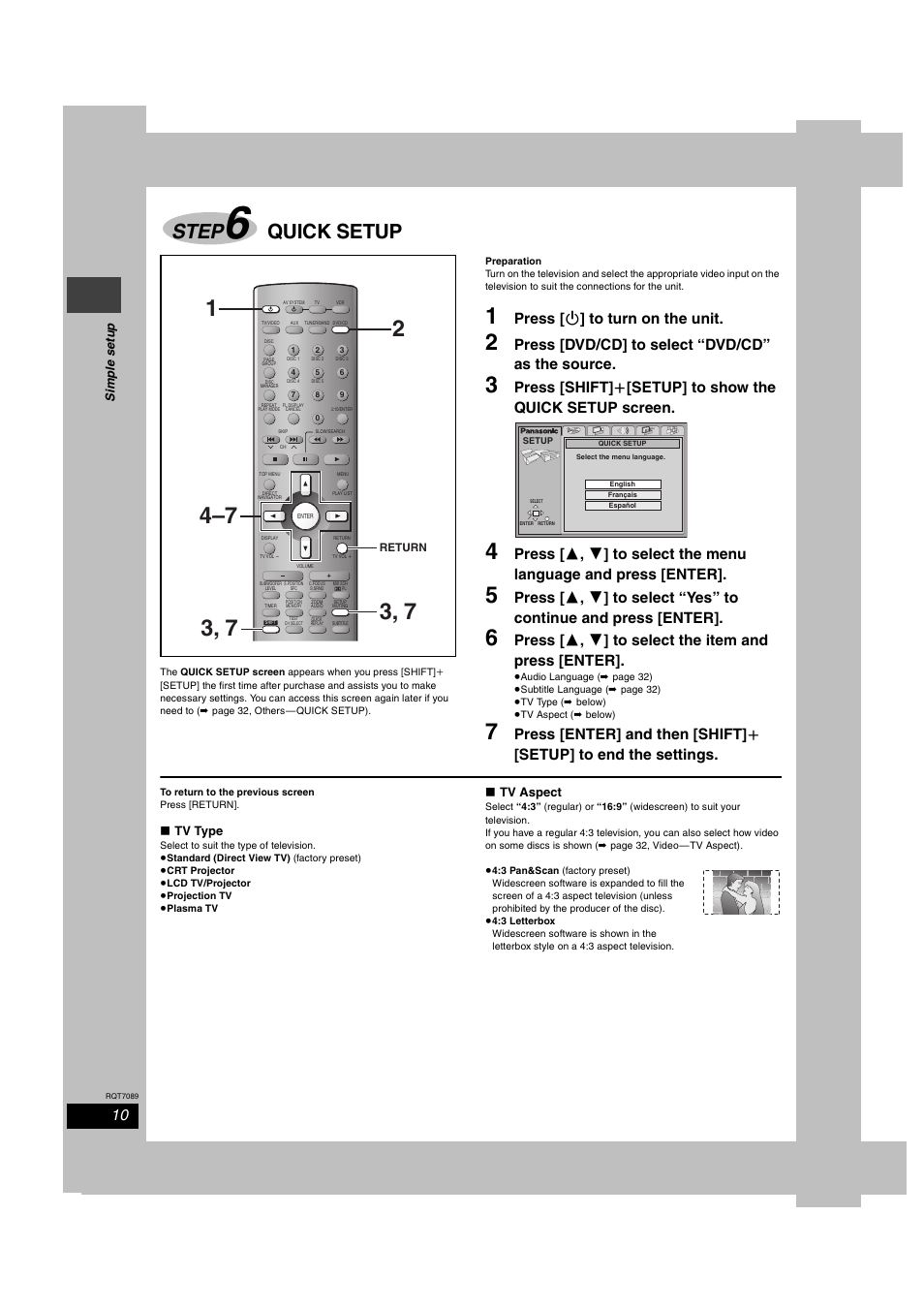 Step 6 quick setup, Step, Quick setup | Press [ í ] to turn on the unit, Press [dvd/cd] to select “dvd/cd” as the source | Panasonic RQT7089-3P User Manual | Page 10 / 40
