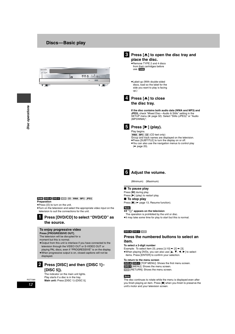 Disc operations, Discs - basic play, Discs—basic play | Press [dvd/cd] to select “dvd/cd” as the source, Press [disc] and then ([disc 1]– [disc 5]), Press [ < ] to close the disc tray, Press [ 1 ] (play), Adjust the volume, Press the numbered buttons to select an item | Panasonic RQT7089-3P User Manual | Page 12 / 40