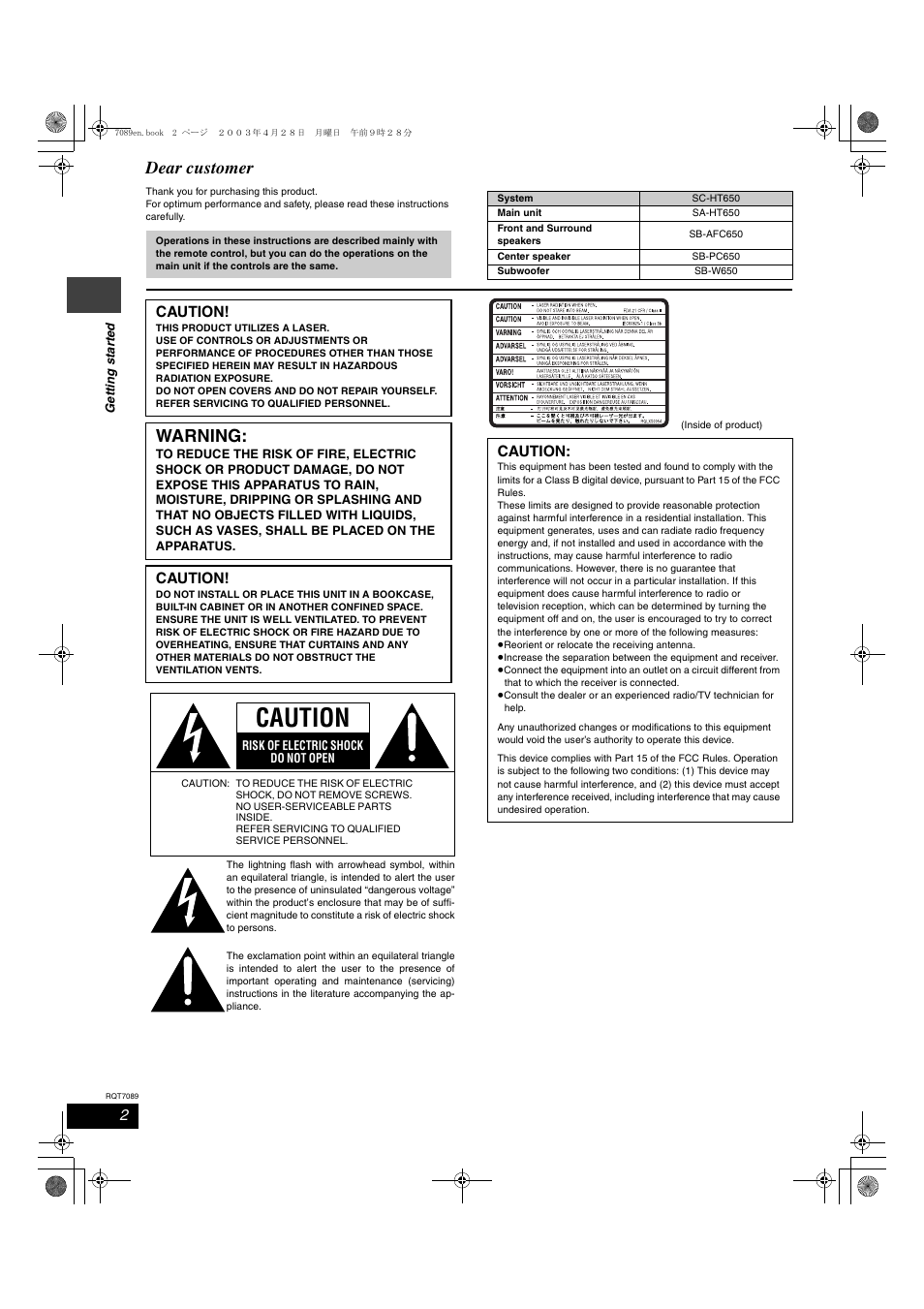 Caution, Dear customer, Warning | Panasonic RQT7089-3P User Manual | Page 2 / 40