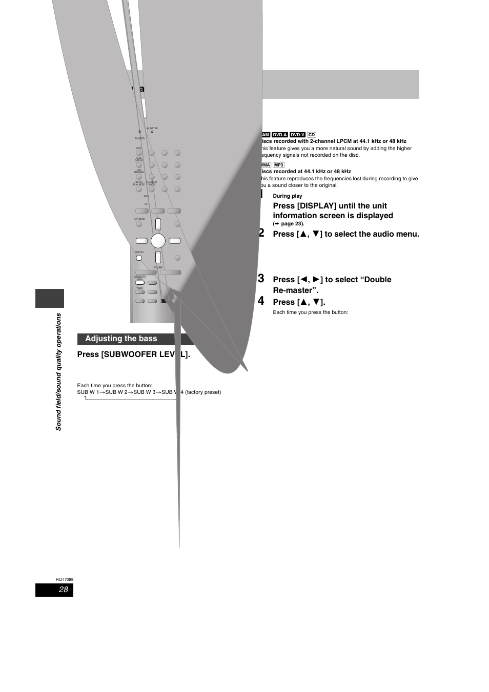 Sound quality, Press [subwoofer level, Press [ 3 , 4 ] to select the audio menu | Press [ 2 , 1 ] to select “double re-master, Press [ 3 , 4, Adjusting the bass | Panasonic RQT7089-3P User Manual | Page 28 / 40