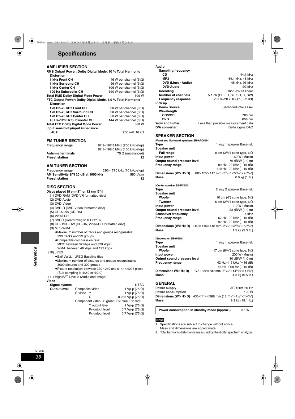Specifications | Panasonic RQT7089-3P User Manual | Page 36 / 40