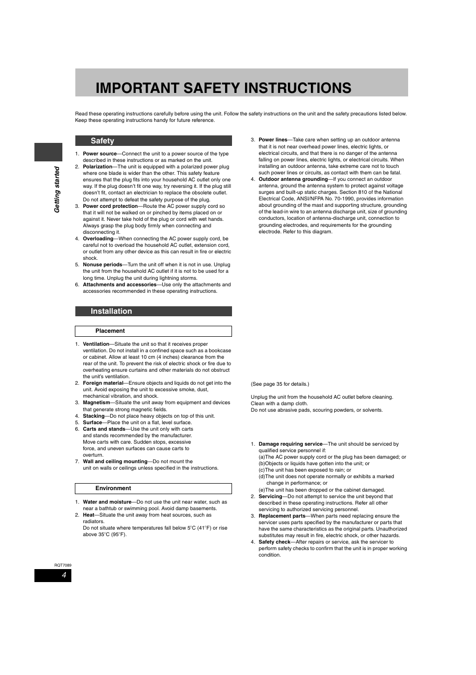 Important safety instructions, Safety installation | Panasonic RQT7089-3P User Manual | Page 4 / 40