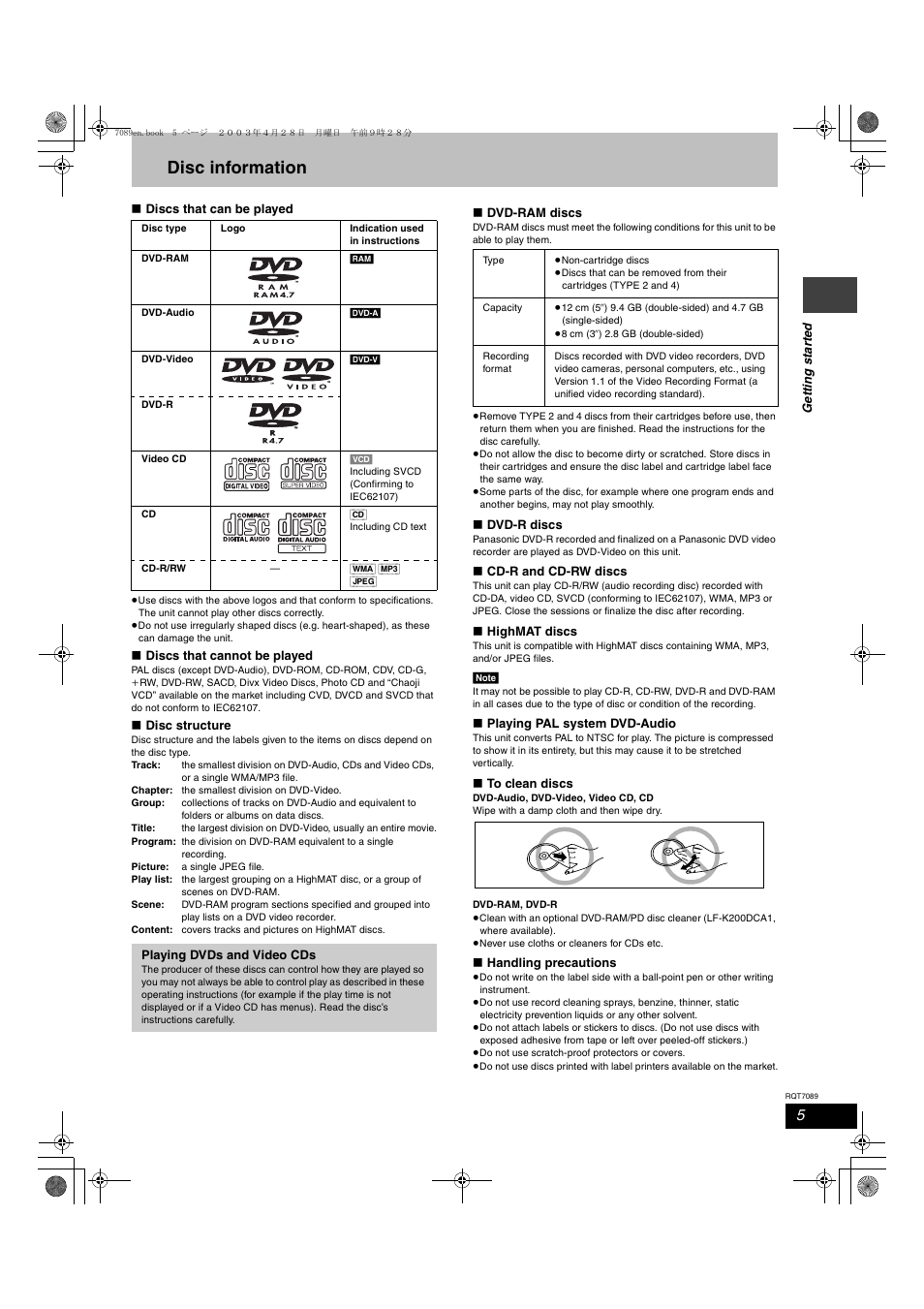 Disc information | Panasonic RQT7089-3P User Manual | Page 5 / 40