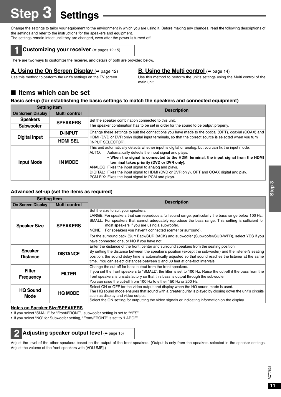 Step 3 settings, Step, Settings | Nitems which can be set | Panasonic SA-XR70  EN User Manual | Page 11 / 28