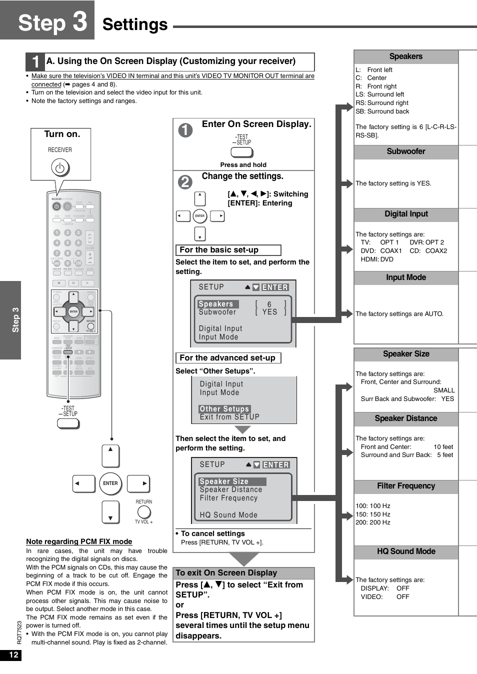 Step, Settings, Turn on. enter on screen display | Change the settings, 12 st ep 3, Speakers, Subwoofer, Digital input, Input mode, Speaker size | Panasonic SA-XR70  EN User Manual | Page 12 / 28