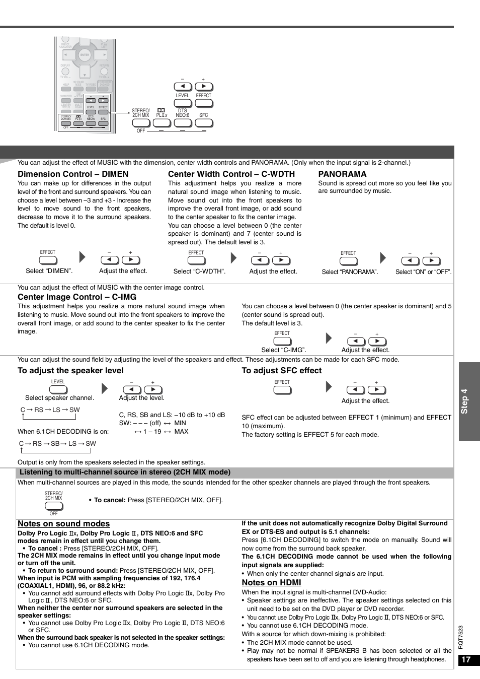 17 st ep 4, Dimension control – dimen, Center width control – c-wdth | Panorama, Center image control – c-img | Panasonic SA-XR70  EN User Manual | Page 17 / 28