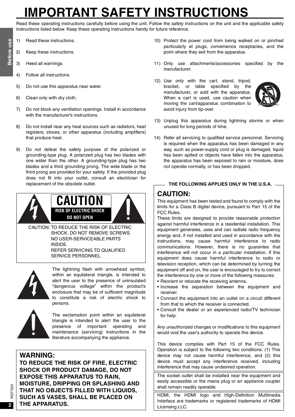 Before use, Important safety instructions, Caution | Warning | Panasonic SA-XR70  EN User Manual | Page 2 / 28