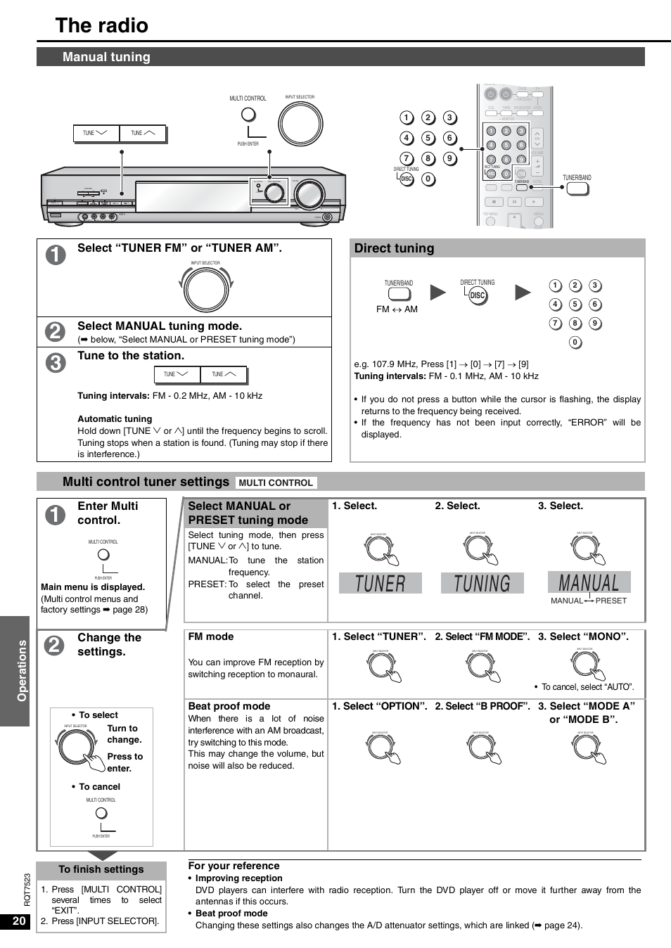 The radio, Tuner, Tuning | Manual, Manual tuning, Direct tuning, Multi control tuner settings, 20 o p er at ions, Select “tuner fm” or “tuner am, Select manual tuning mode | Panasonic SA-XR70  EN User Manual | Page 20 / 28