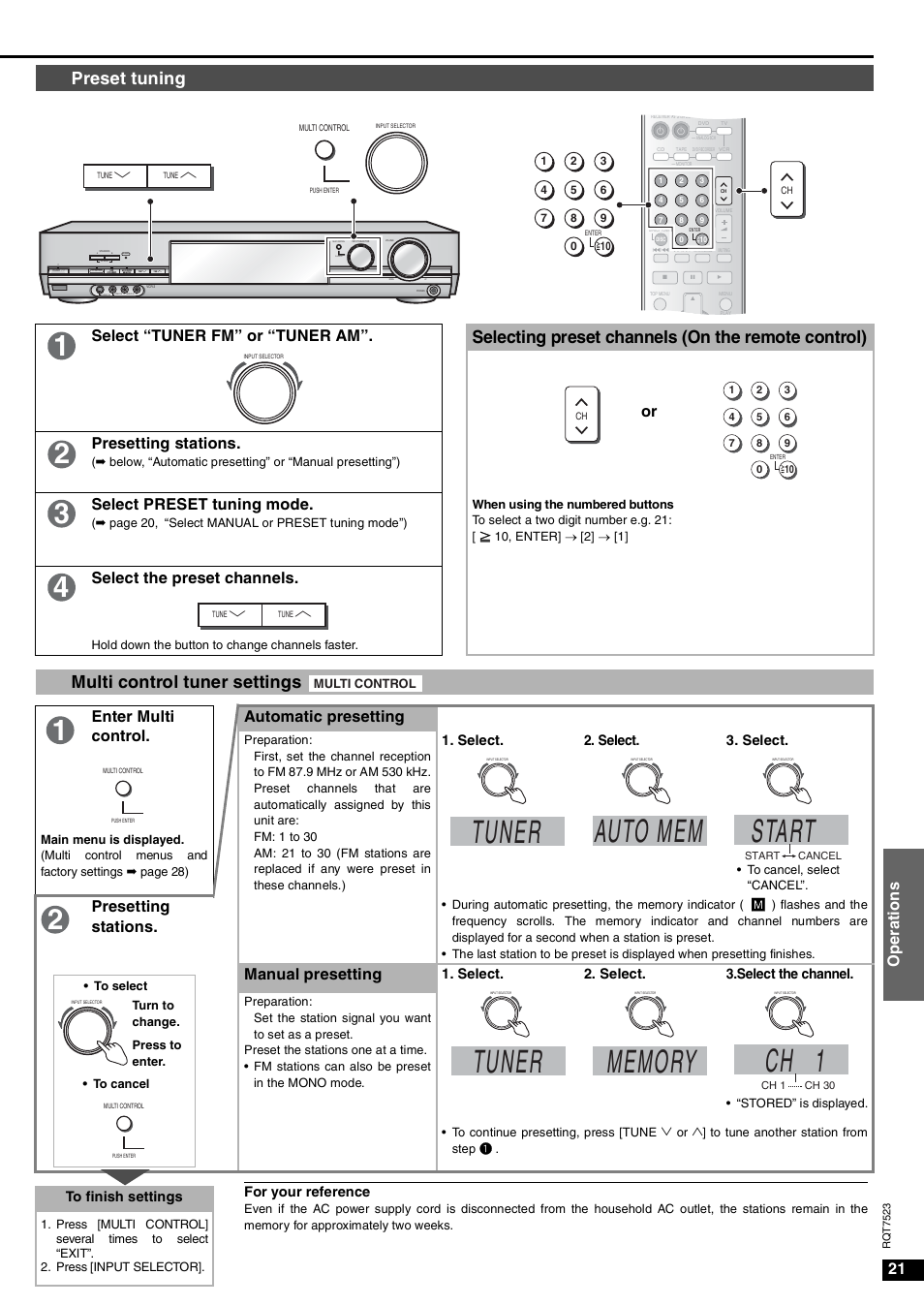 Tuner, Auto mem, Start | Ch 1, Preset tuning, Selecting preset channels (on the remote control), Multi control tuner settings, 21 o p er at ions, Select “tuner fm” or “tuner am, Presetting stations | Panasonic SA-XR70  EN User Manual | Page 21 / 28