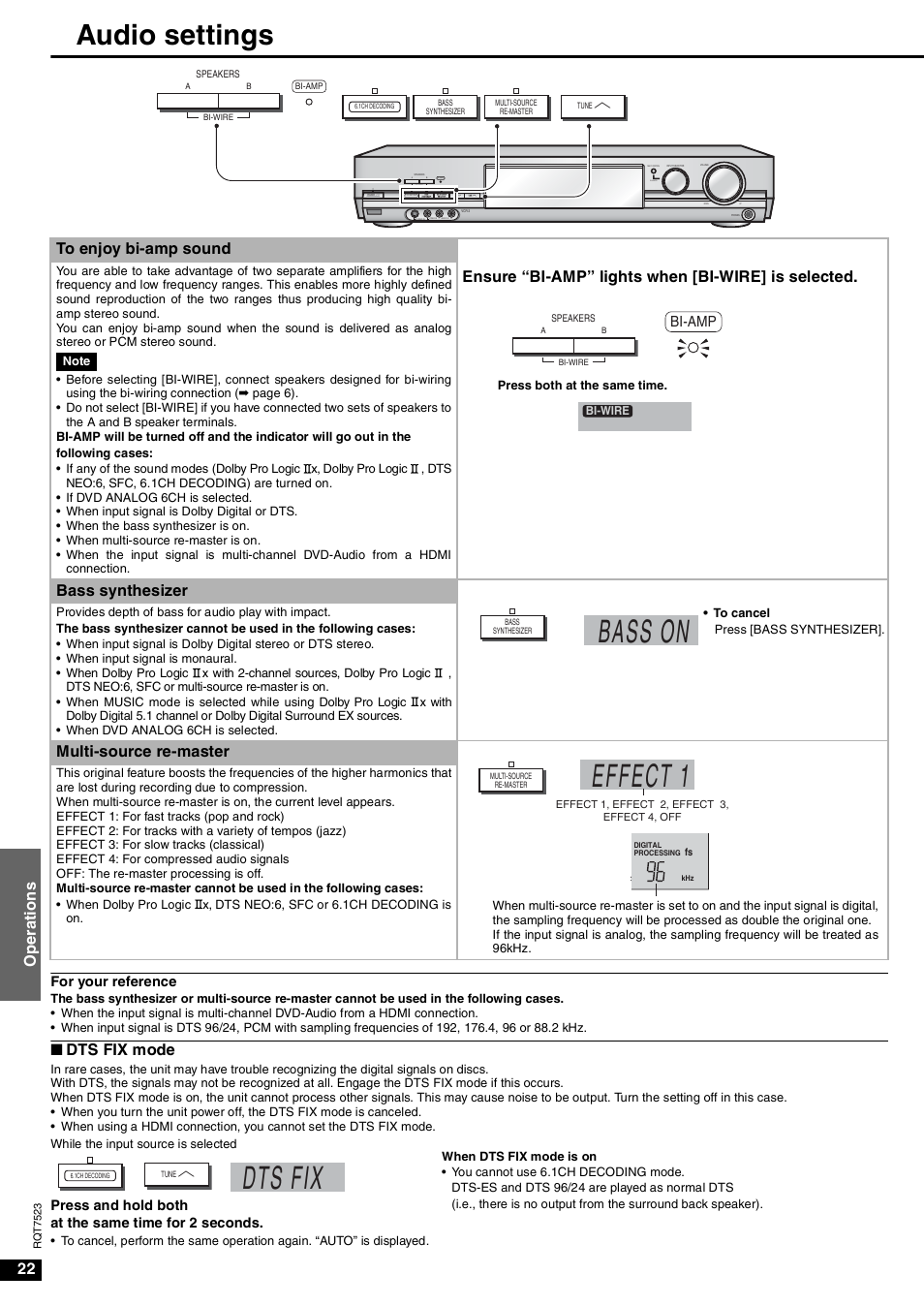 Audio settings, Bass on, Effect 1 | Dts fix, 22 o p er at ions, Bass synthesizer, Multi-source re-master, Ndts fix mode, Bi-amp | Panasonic SA-XR70  EN User Manual | Page 22 / 28