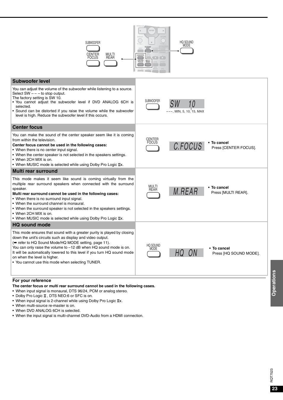 Sw 10, C.focus, M.rear | Hq on, 23 o p er at ions, Subwoofer level, Center focus, Multi rear surround, Hq sound mode | Panasonic SA-XR70  EN User Manual | Page 23 / 28