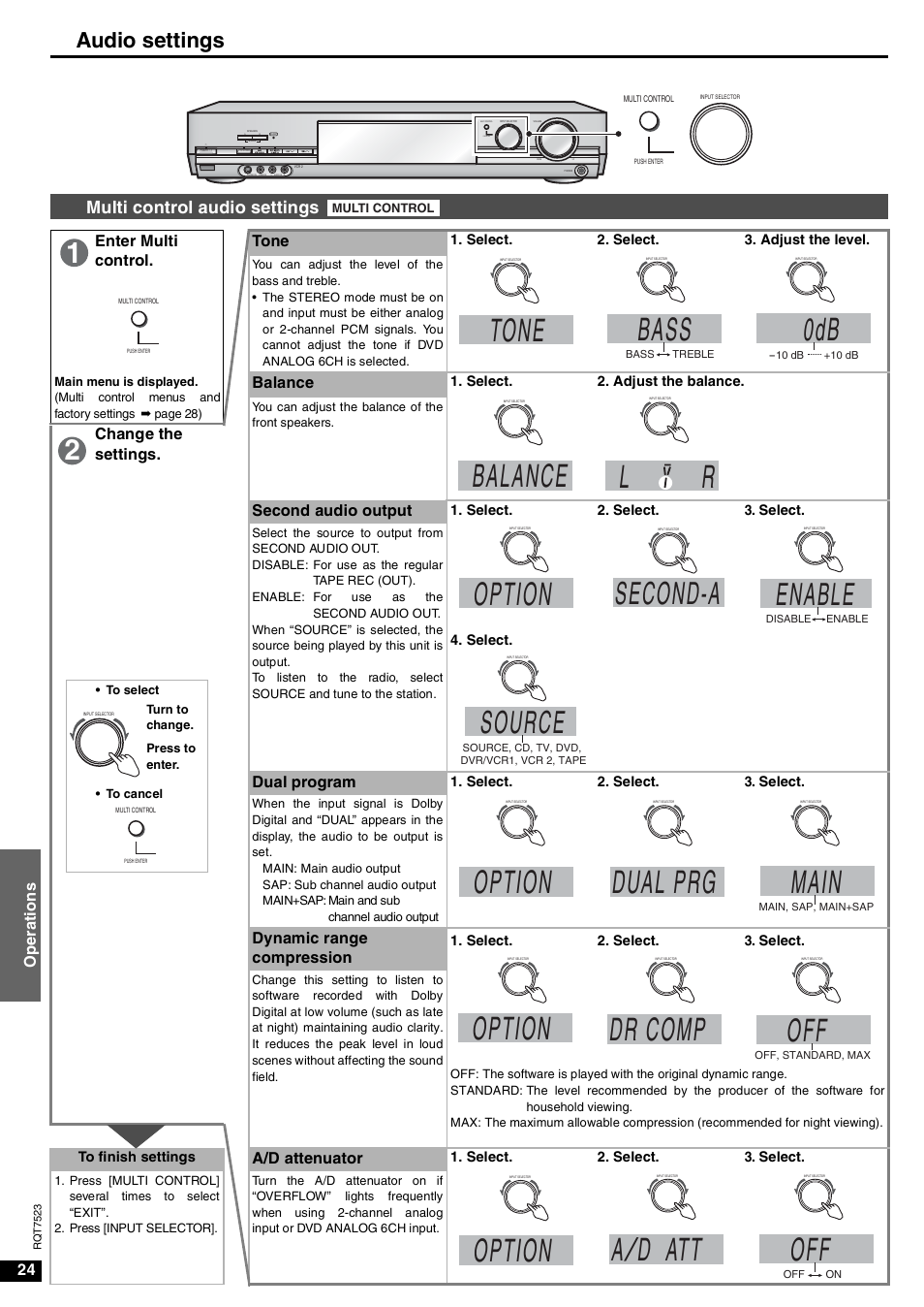 Tone, Bass, Balance | Option, Dual prg, Main, Dr comp, A/ d att, Second-a, Enable | Panasonic SA-XR70  EN User Manual | Page 24 / 28