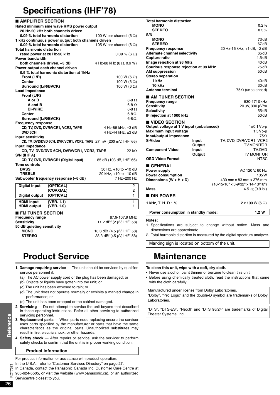 Reference, Specifications, Product service | Maintenance, Specifications (ihf’78), 26 ref er ence | Panasonic SA-XR70  EN User Manual | Page 26 / 28