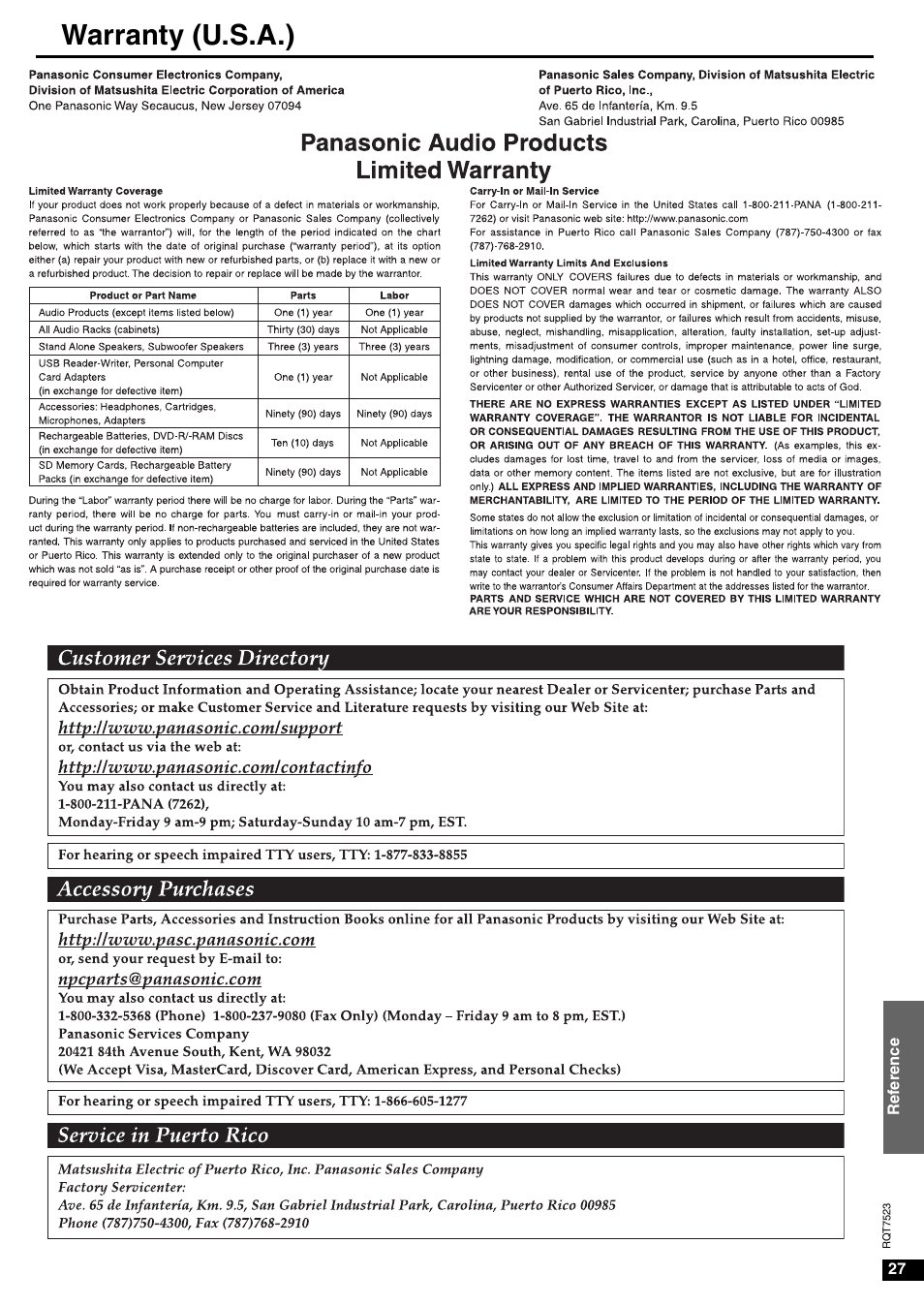 Warranty (u.s.a.) | Panasonic SA-XR70  EN User Manual | Page 27 / 28