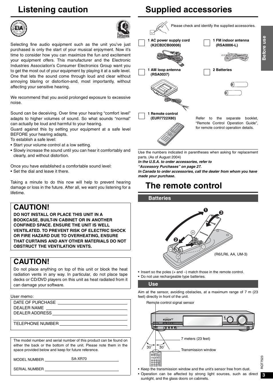 Listening caution, Supplied accessories, The remote control | Caution, Batteries use, 3bef o re use | Panasonic SA-XR70  EN User Manual | Page 3 / 28