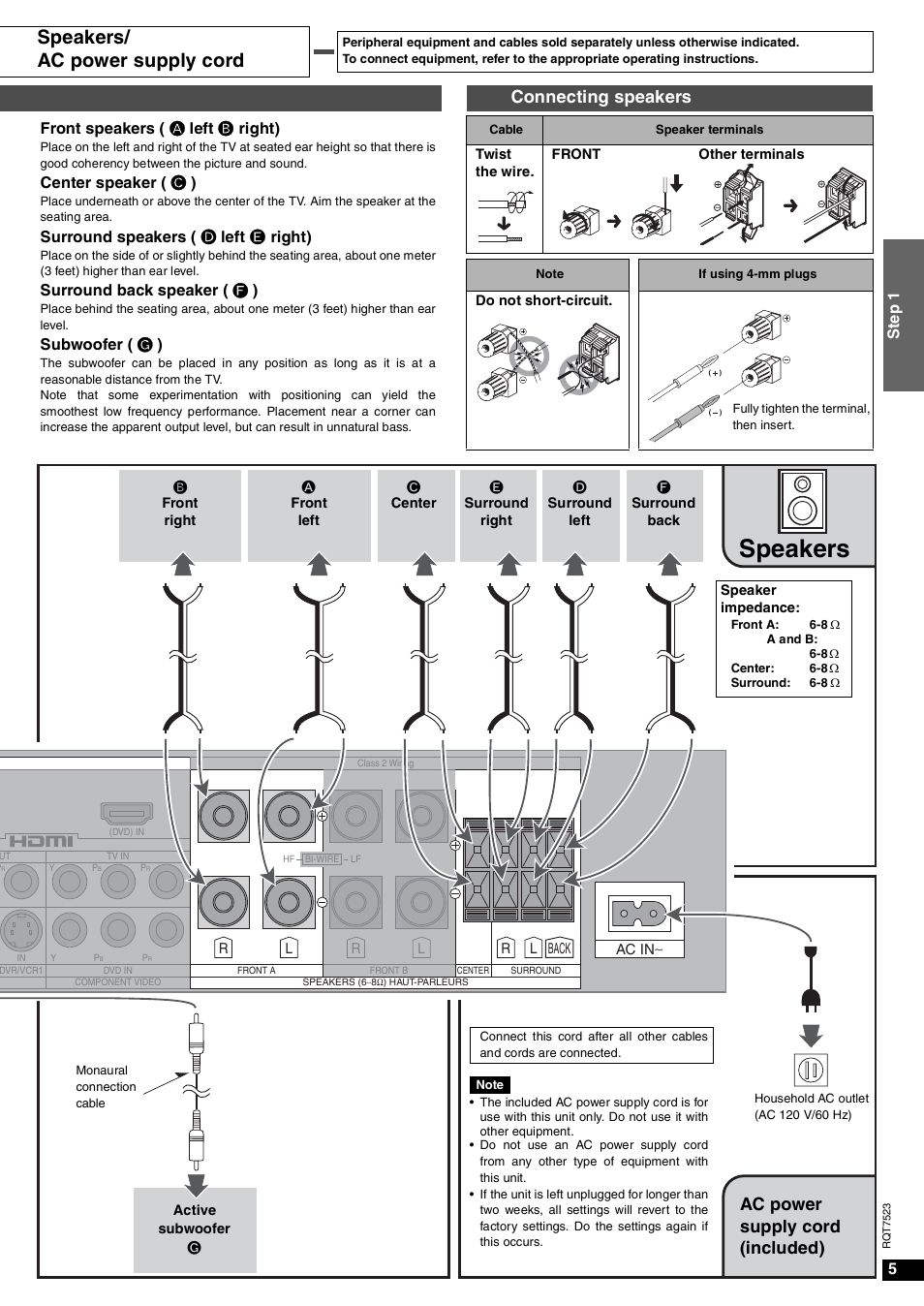 Speakers, Speakers/ ac power supply cord, Connecting speakers | Ac power supply cord (included), 5st ep 1, Front speakers (  left  right), Center speaker (  ), Surround speakers (  left  right), Surround back speaker (  ), Subwoofer (  ) | Panasonic SA-XR70  EN User Manual | Page 5 / 28