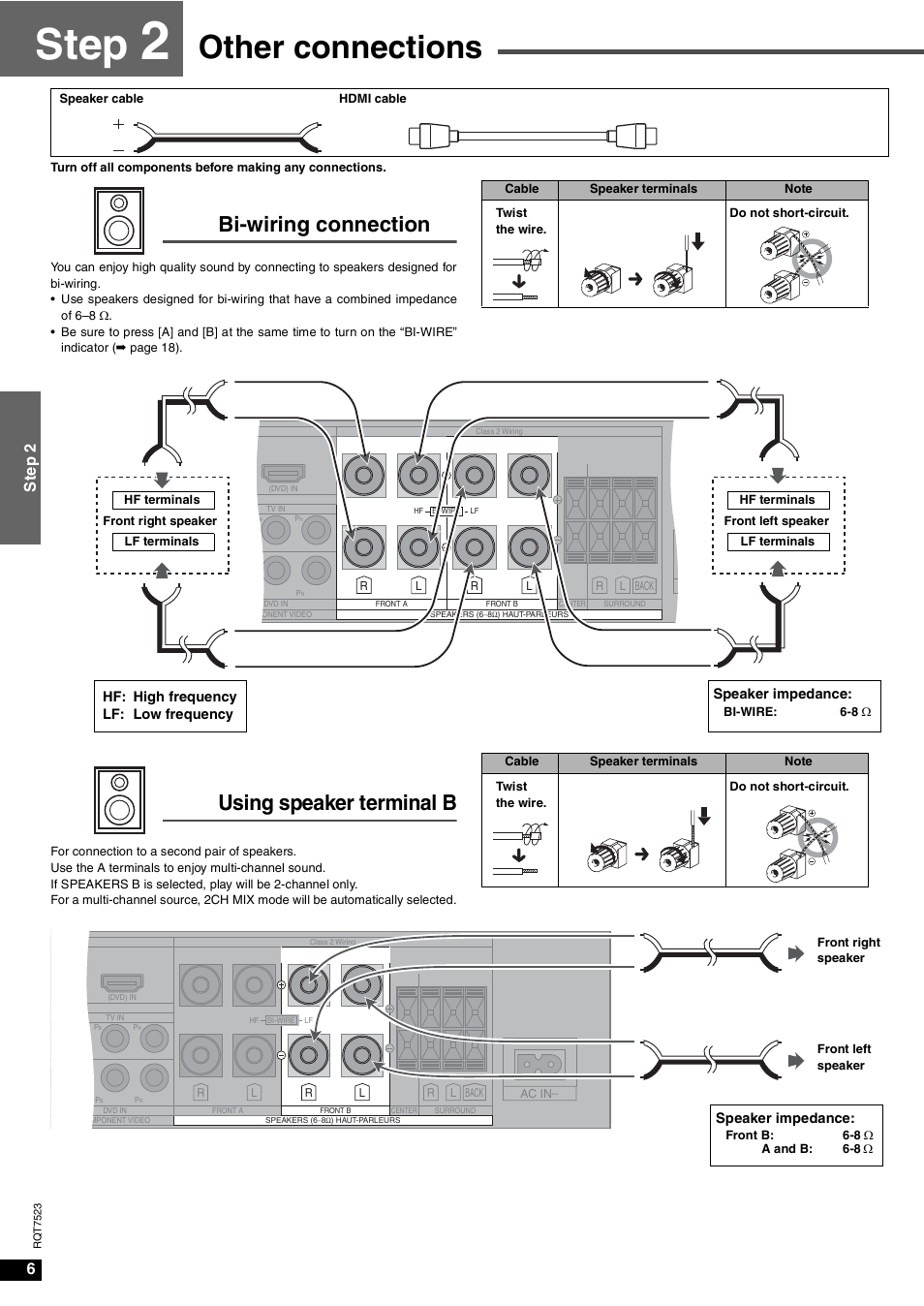 Step 2 other connections, Step, Other connections | Bi-wiring connection, Using speaker terminal b, 6st ep 2 | Panasonic SA-XR70  EN User Manual | Page 6 / 28