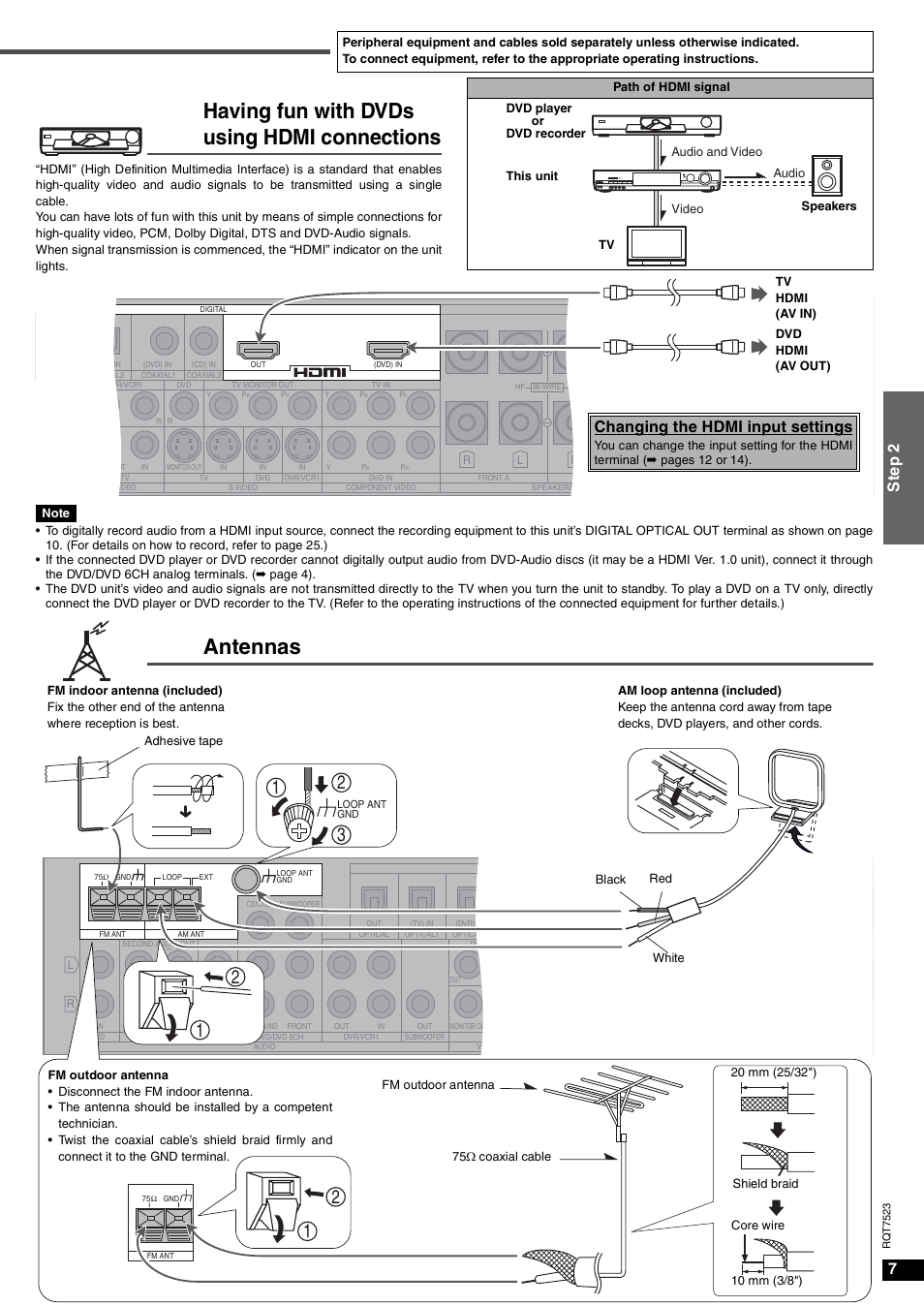 Having fun with dvds using hdmi connections, Antennas, 7st ep 2 | Changing the hdmi input settings | Panasonic SA-XR70  EN User Manual | Page 7 / 28