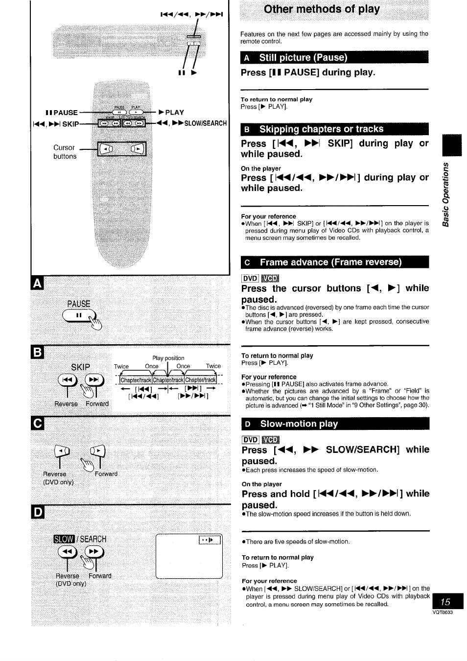 Press [ii pause] during play, Press [!◄◄/◄◄, ►►/►►!] during play or while paused, Other methods of play | Skip | Panasonic DVD-RV40 EN User Manual | Page 15 / 44