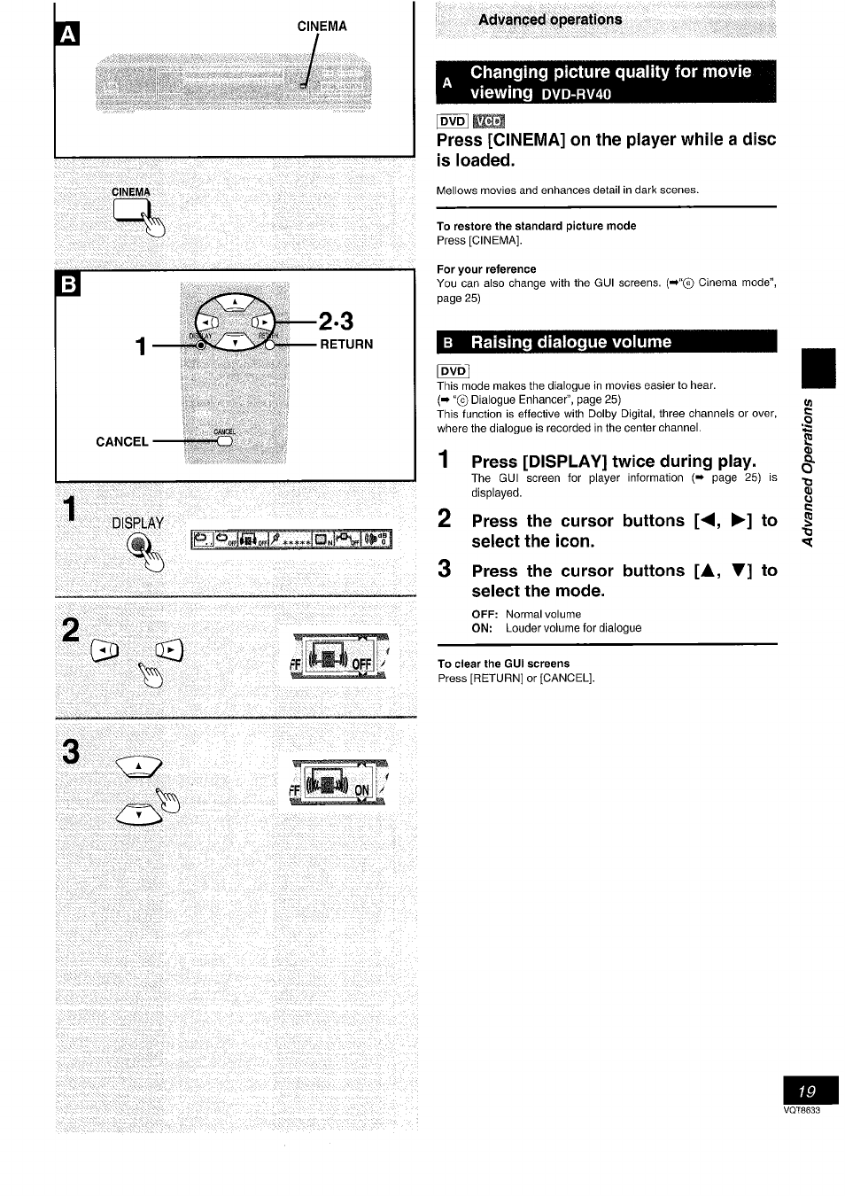 Display, B raising dialogue volume, Press [display] twice during play | Press the cursor buttons ['^, to select the icon, Press the cursor buttons [a, ▼] to select the mode, Raising dialogue volume | Panasonic DVD-RV40 EN User Manual | Page 19 / 44