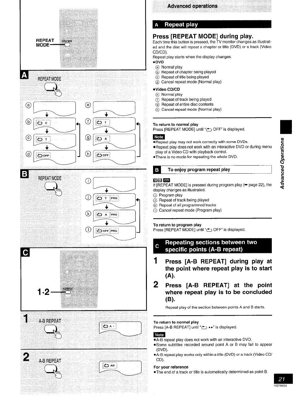 A repeat play, Press [repeat mode] during play, Repeat play | Panasonic DVD-RV40 EN User Manual | Page 21 / 44