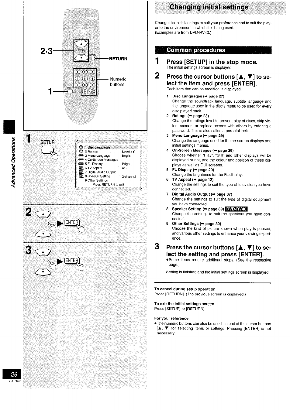 1 press [setup] in the stop mode, 2^ ¿zi, Zi changing initial settings | A, t | Panasonic DVD-RV40 EN User Manual | Page 26 / 44