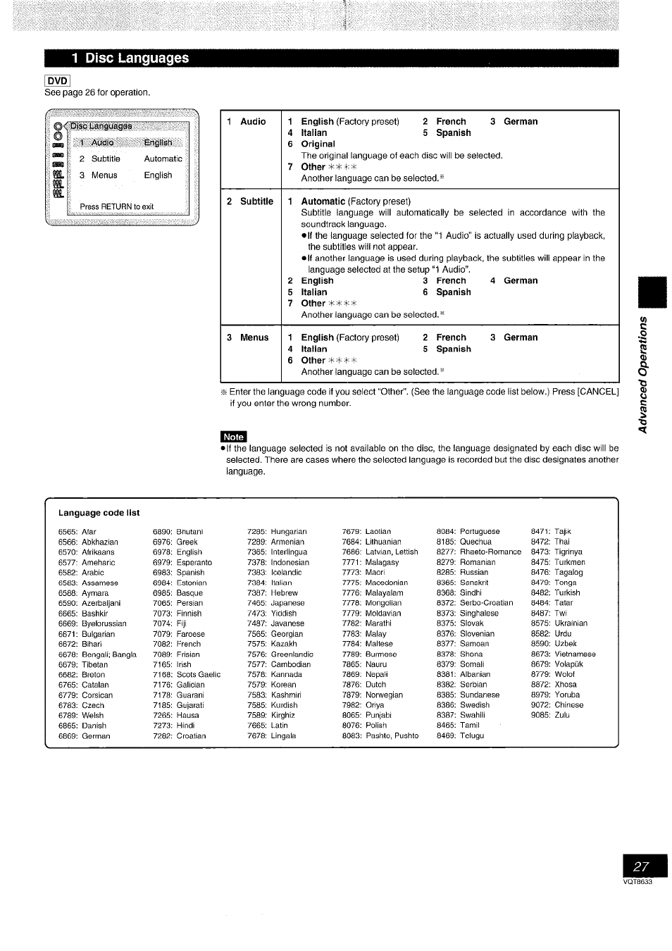 1 disc languages i, O o c § ■o | Panasonic DVD-RV40 EN User Manual | Page 27 / 44