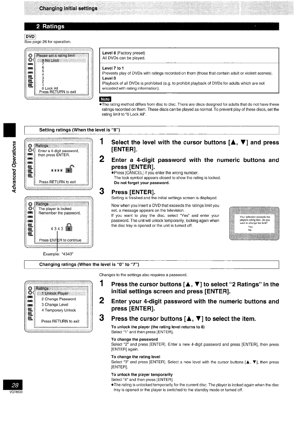 2 ratings, 3 press [enter, Press the cursor buttons [a, t] to select the item | Panasonic DVD-RV40 EN User Manual | Page 28 / 44