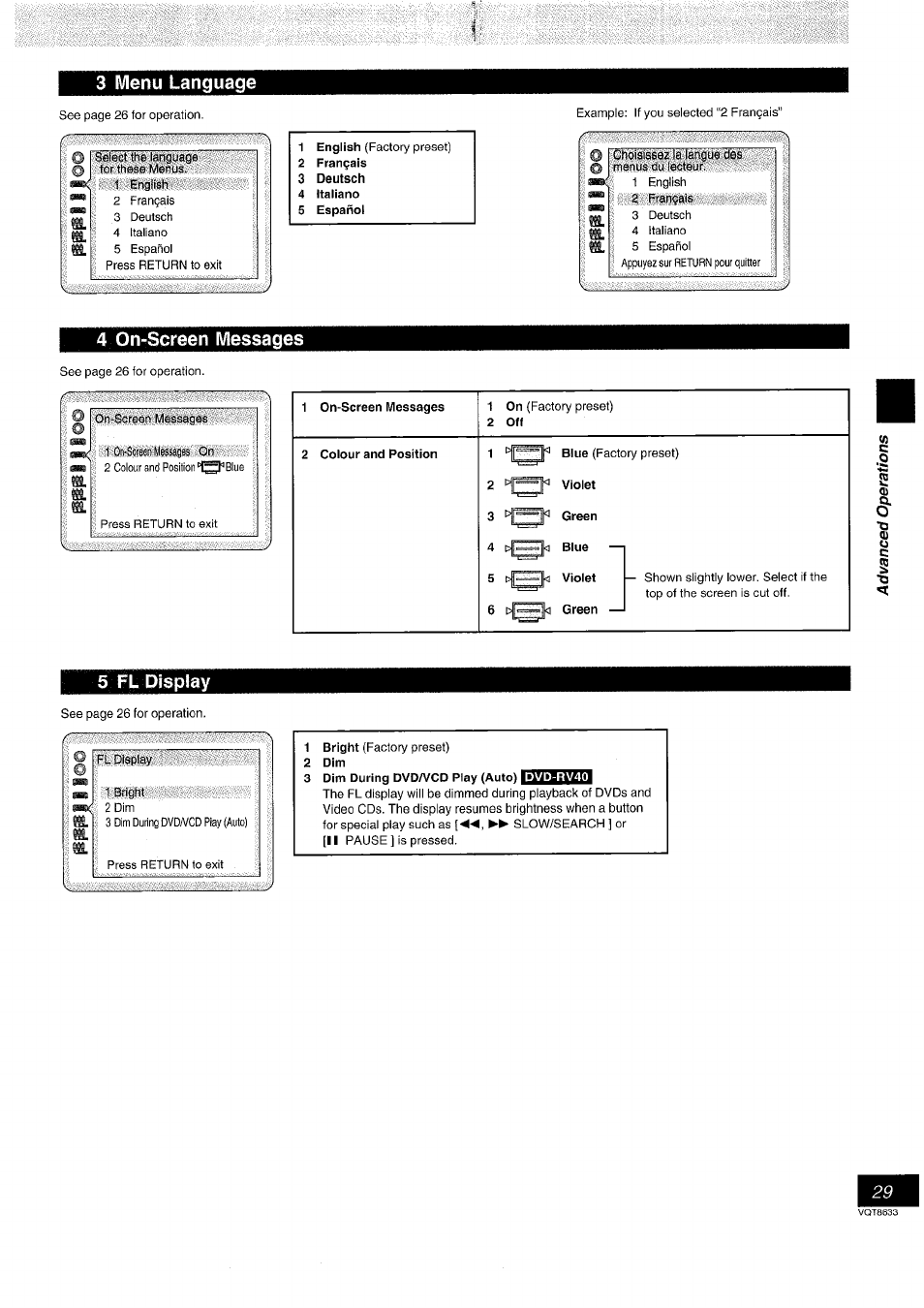 4 on-screen messages, 5 fl display, 3 menu language | Panasonic DVD-RV40 EN User Manual | Page 29 / 44