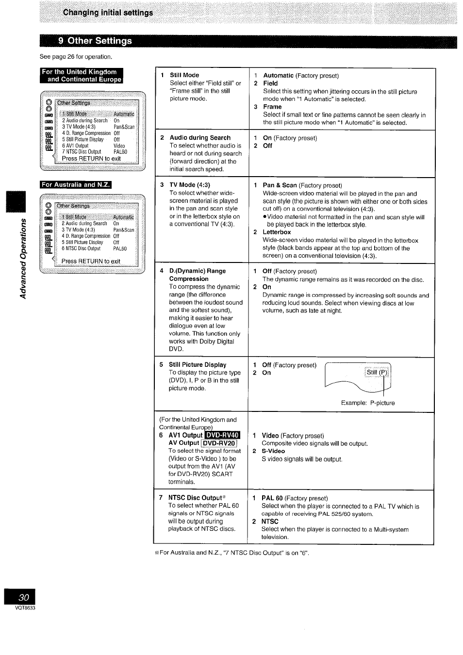 9 other settings, Other settings | Panasonic DVD-RV40 EN User Manual | Page 30 / 44