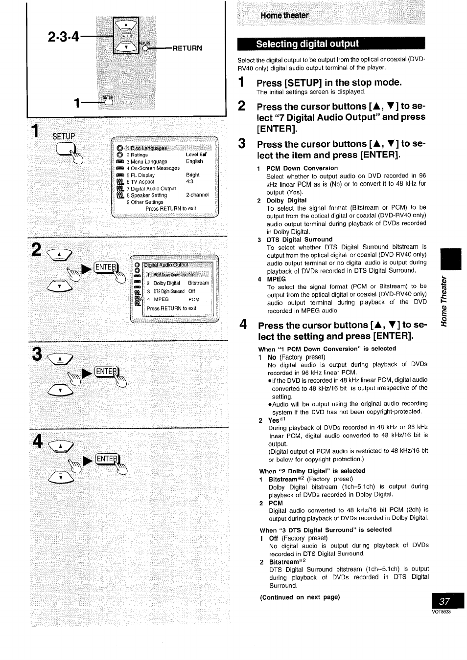 Setup, Selecting digital output, 1 press [setup] in the stop mode | A, t | Panasonic DVD-RV40 EN User Manual | Page 37 / 44