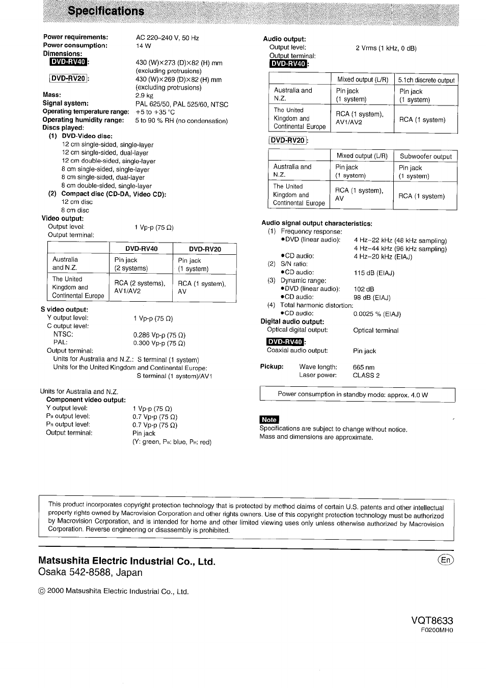 Specifications, Vqt8633, Matsushita electric industrial co., ltd | Panasonic DVD-RV40 EN User Manual | Page 44 / 44