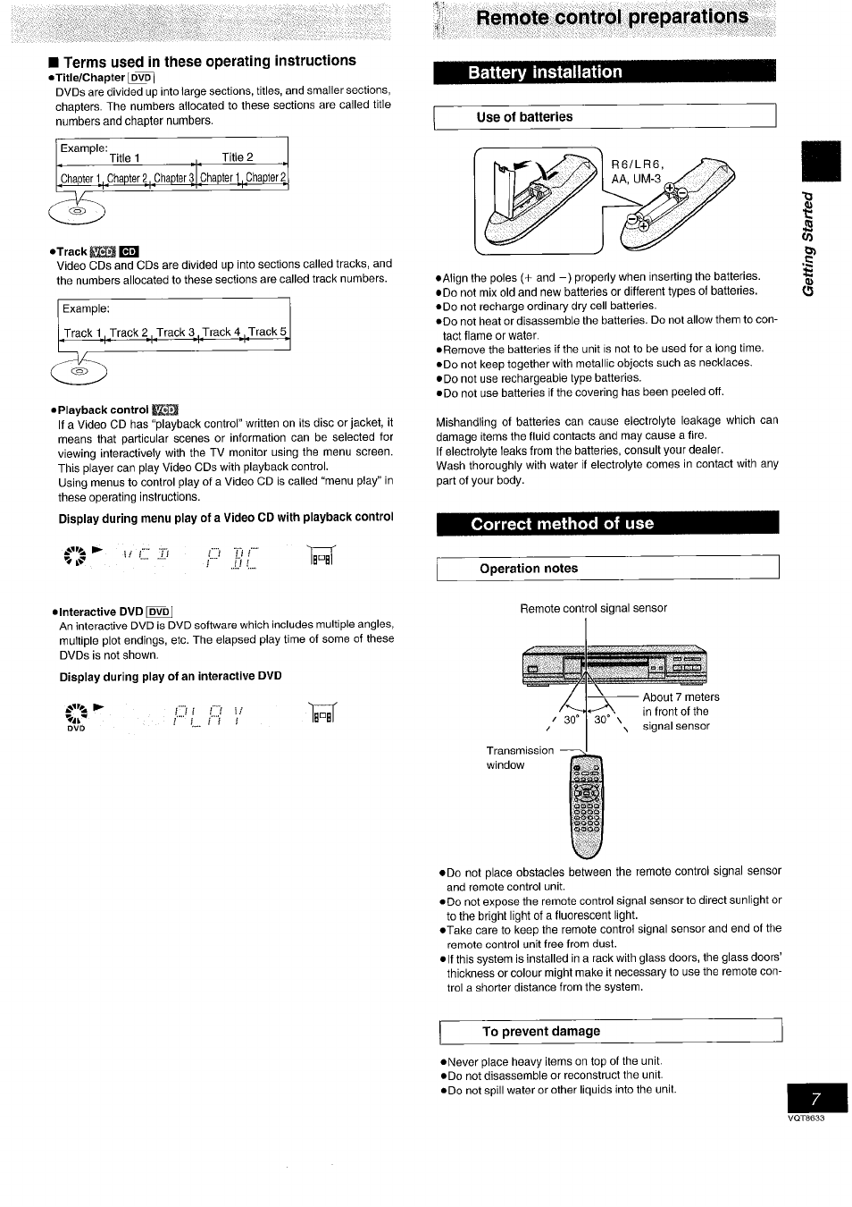 Correct method of use, Remote control preparations, Battery installation | Panasonic DVD-RV40 EN User Manual | Page 7 / 44