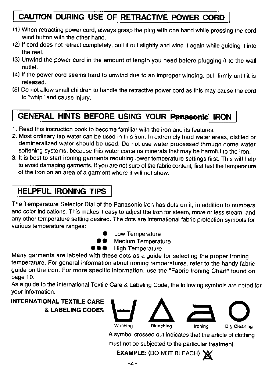 Caution during use of retractive power cord, General hints before using your panasonic iron, Helpful ironing tips | Hi a | Panasonic NI-860R User Manual | Page 4 / 10