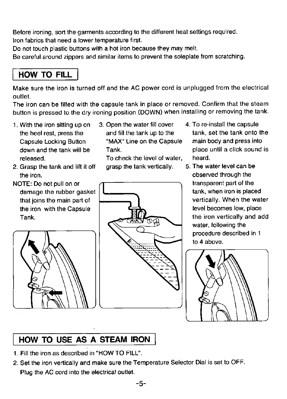 How to fill, How to use as a steam iron | Panasonic NI-860R User Manual | Page 5 / 10