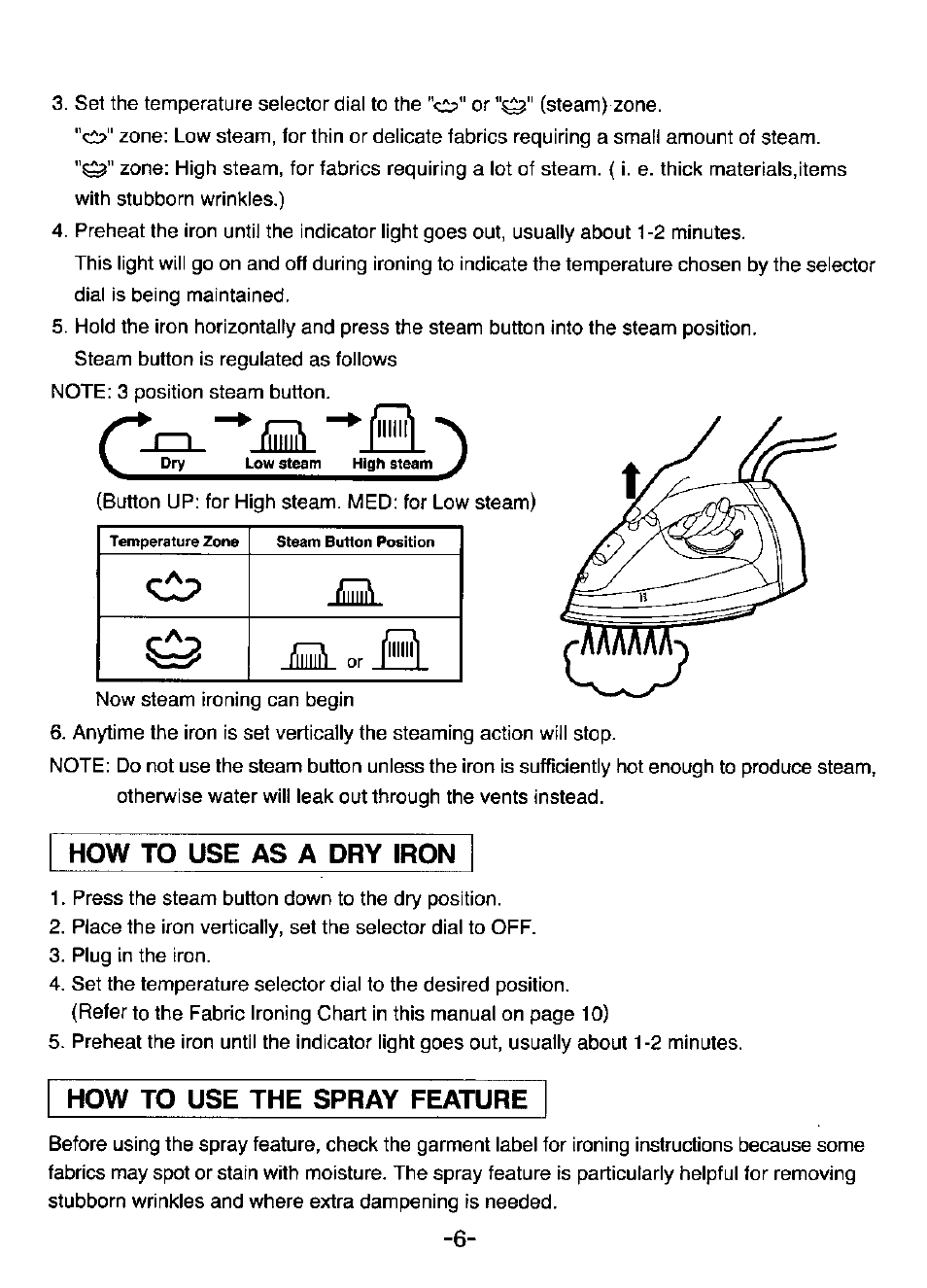 How to use as a dry iron, How to use the spray feature | Panasonic NI-860R User Manual | Page 6 / 10