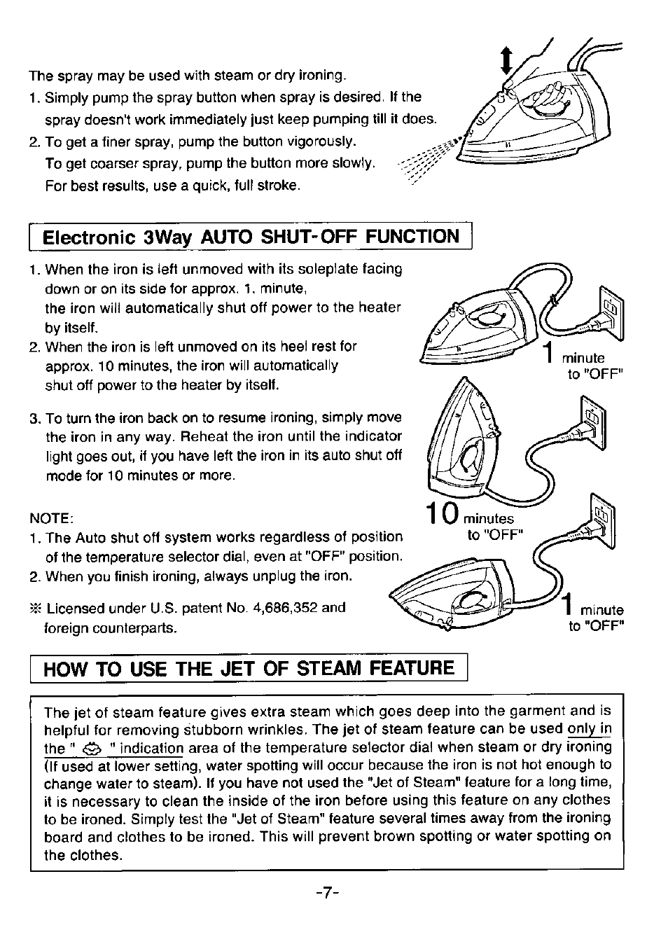Electronic 3way auto shut-off function, How to use the jet of steam feature | Panasonic NI-860R User Manual | Page 7 / 10