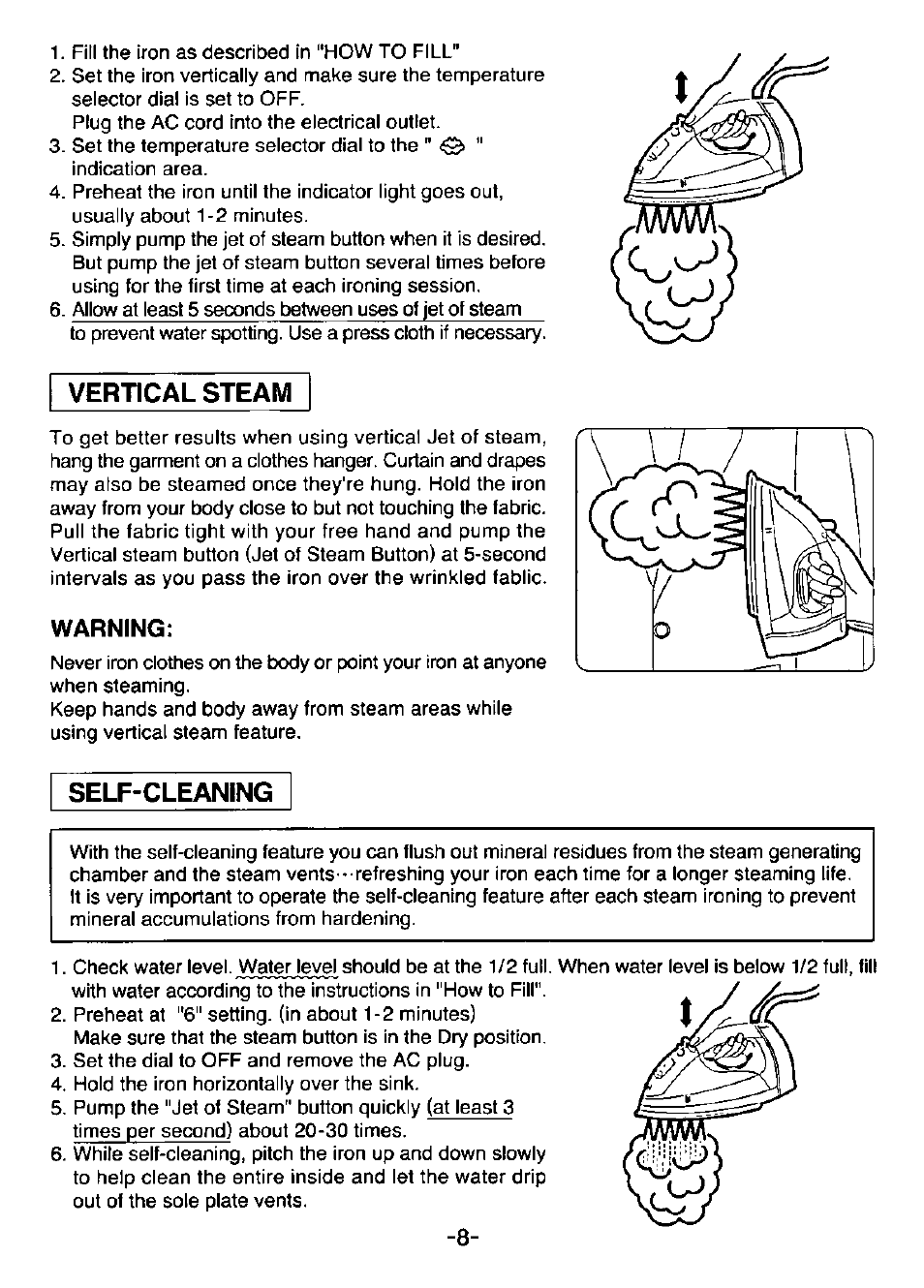 Vertical steam, Warning, Self-cleaning | Panasonic NI-860R User Manual | Page 8 / 10