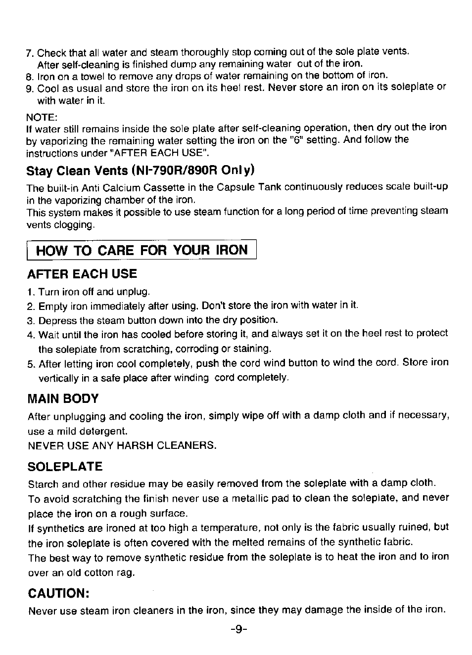 Stay clean vents (ni-790r/890r only), After each use, Main body | Soleplate, Caution, How to care for your iron after each use | Panasonic NI-860R User Manual | Page 9 / 10