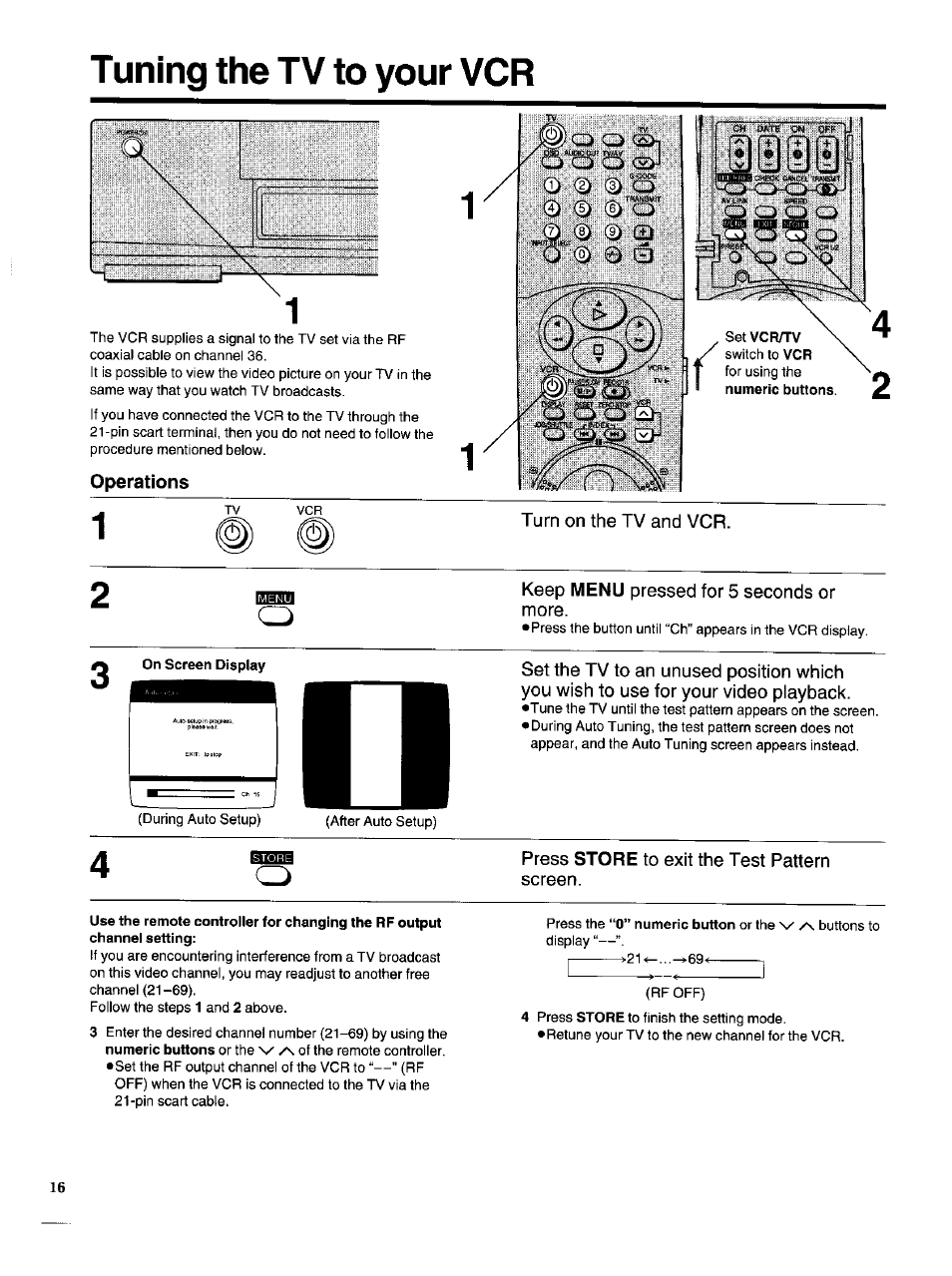 Tunmg the tv to your vcr, Operations, On screen display | Tuning the tv to your vcr | Panasonic NV-HS950AM User Manual | Page 16 / 48