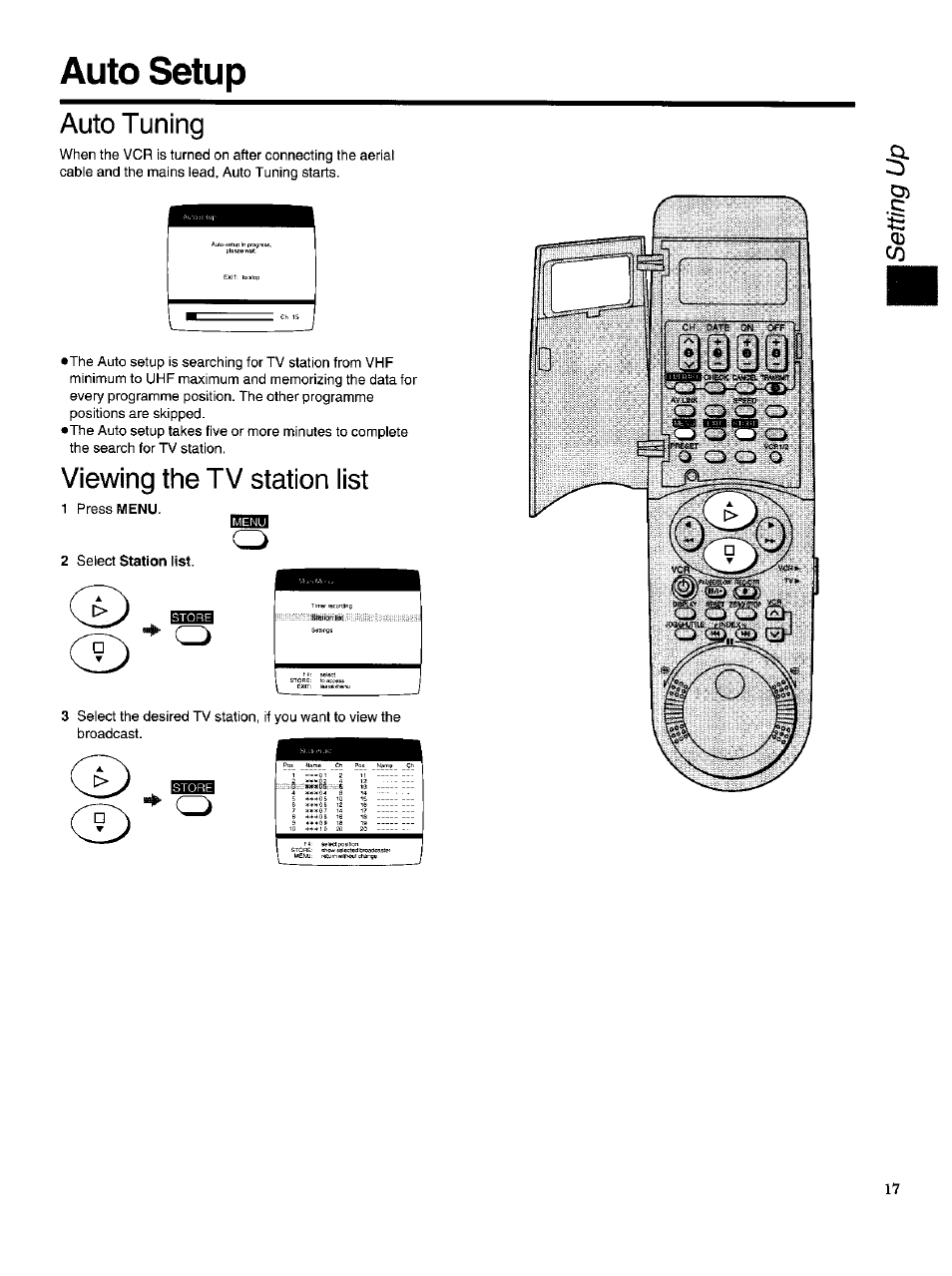 Auto setup, Auto tuning, Viewing the tv station list | T) (3) | Panasonic NV-HS950AM User Manual | Page 17 / 48