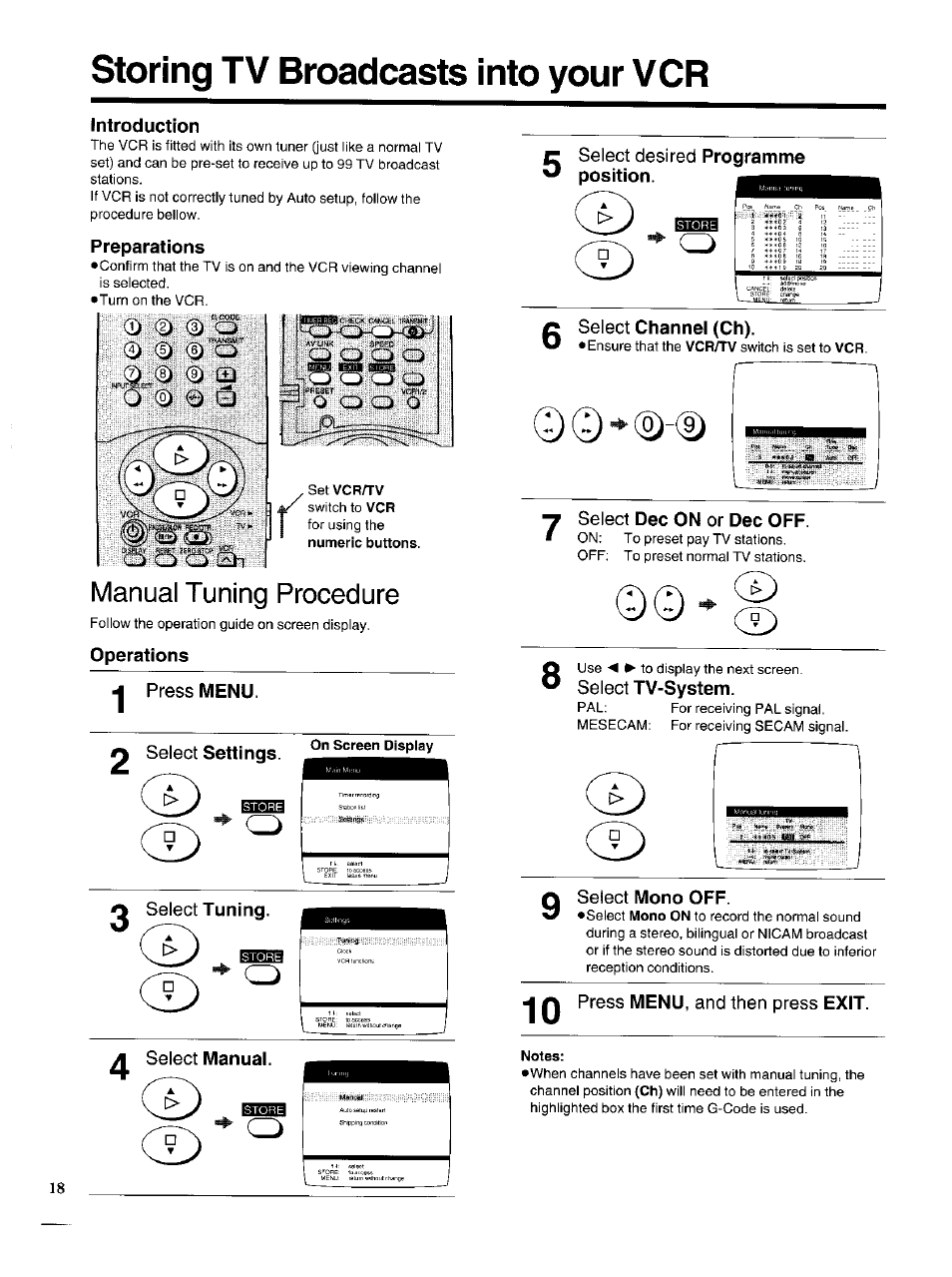 Storing tv broadcasts into your vcr, Introduction, Preparations | Manual tuning procedure, Operations, 2 select settings, Select manual, Select dec on or dec off, Select tv-system, Select mono off | Panasonic NV-HS950AM User Manual | Page 18 / 48