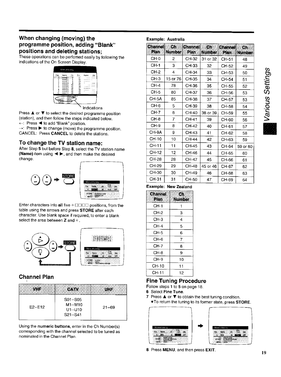 To change the tv station name, Channel plan, Fine tuning procedure | Panasonic NV-HS950AM User Manual | Page 19 / 48