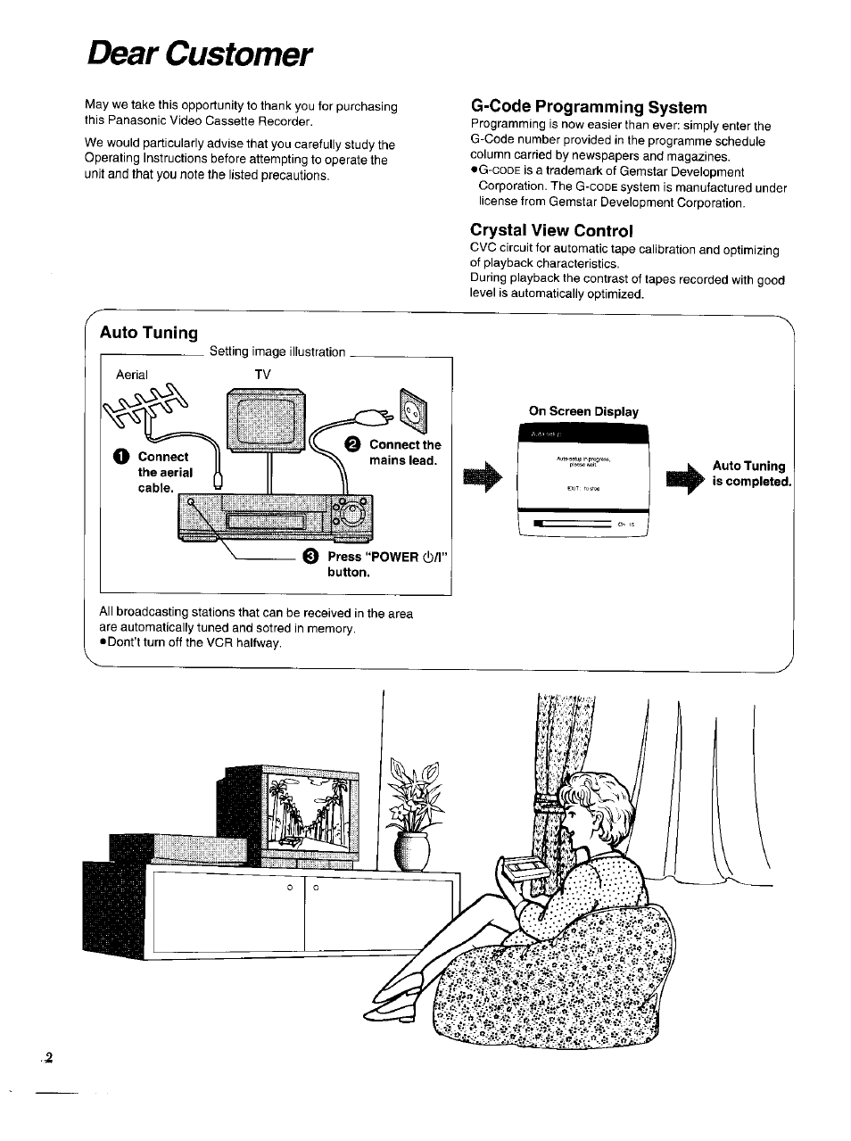 G-code programming system, Crystal view control, Auto tuning | On screen display, Auto tuning is completed, Dear customer | Panasonic NV-HS950AM User Manual | Page 2 / 48