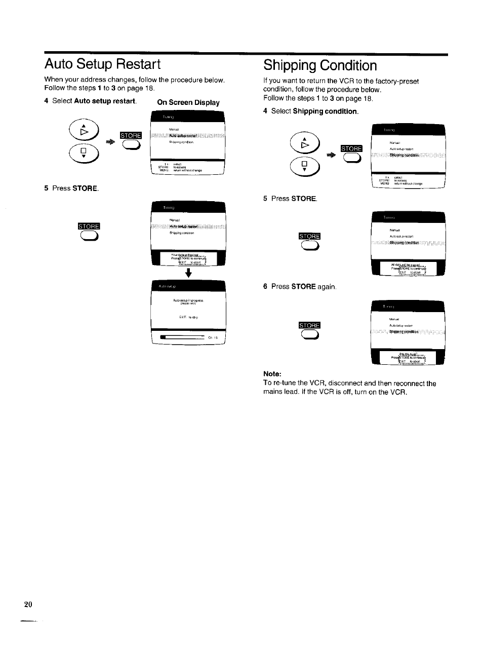 Auto setup restart, 4 select auto setup restart, On screen display | Shipping condition, 4 select shipping condition, Note | Panasonic NV-HS950AM User Manual | Page 20 / 48