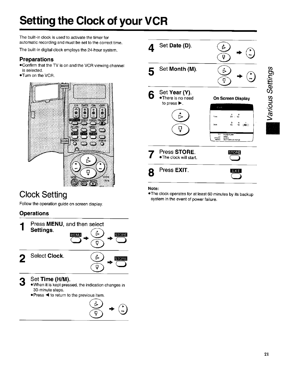 Setting the clock of your vcr, Preparations, Operations | Set time (h/m), Set year (y), On screen display, Note, Cd cd | Panasonic NV-HS950AM User Manual | Page 21 / 48