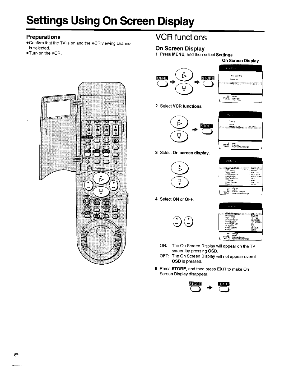 Settings using on screen dispiay, Preparations, Vcr functions | On screen dispiay, On screen display, 2 select vcr functions, 3 select on screen display, Settings using on screen display | Panasonic NV-HS950AM User Manual | Page 22 / 48
