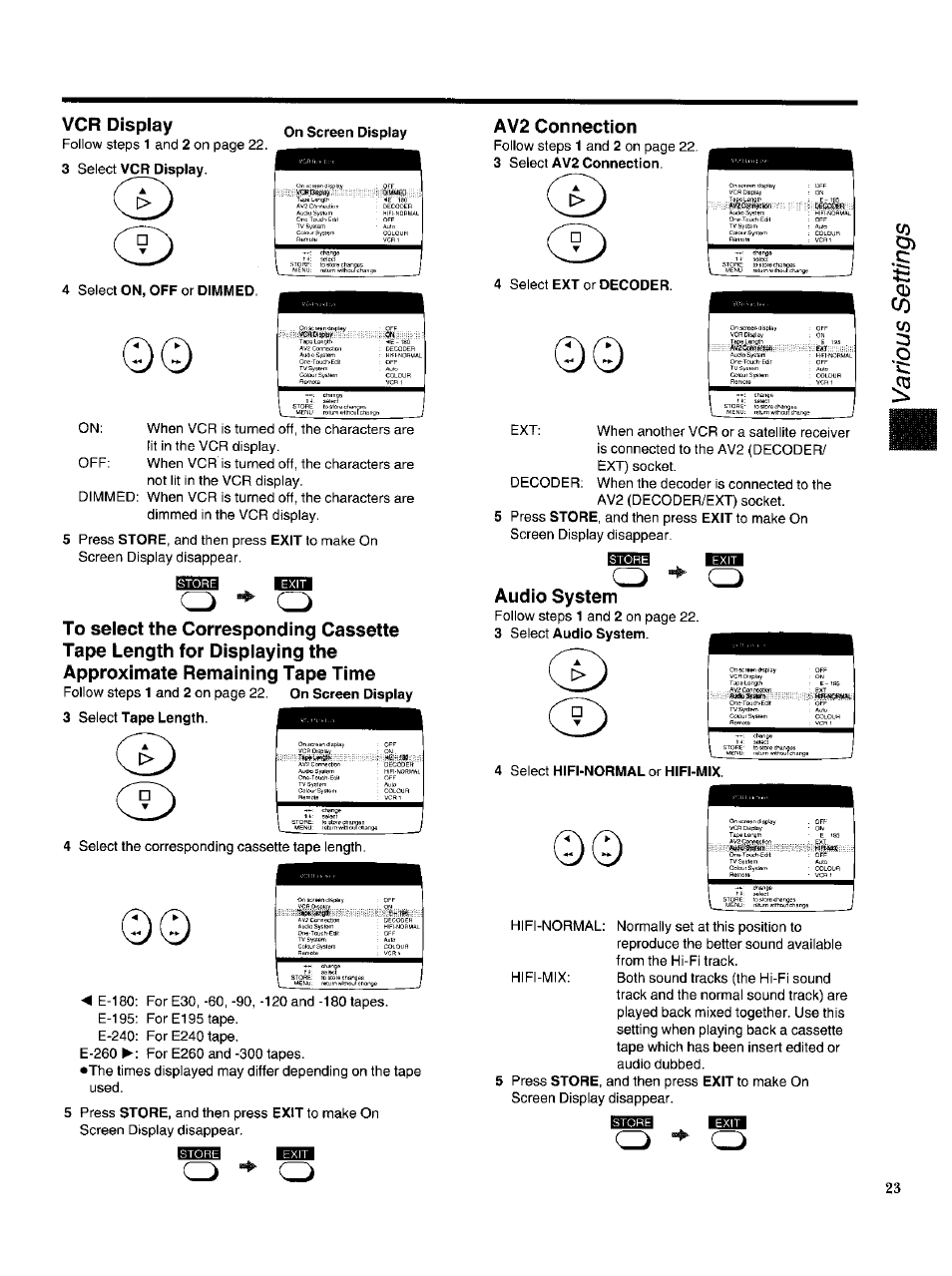 Vcr display, Audio system, 3 select audio system | Av2 connection, Systewn | Panasonic NV-HS950AM User Manual | Page 23 / 48