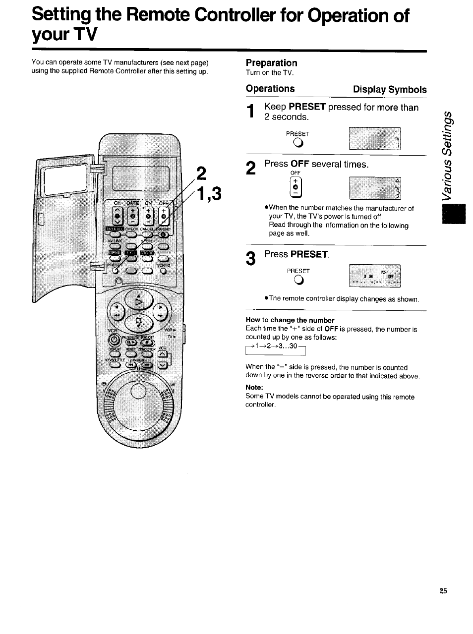 Preparation, Operations, Display symbols | Press preset, Note, Setting the remote controller, For operation of your tv | Panasonic NV-HS950AM User Manual | Page 25 / 48