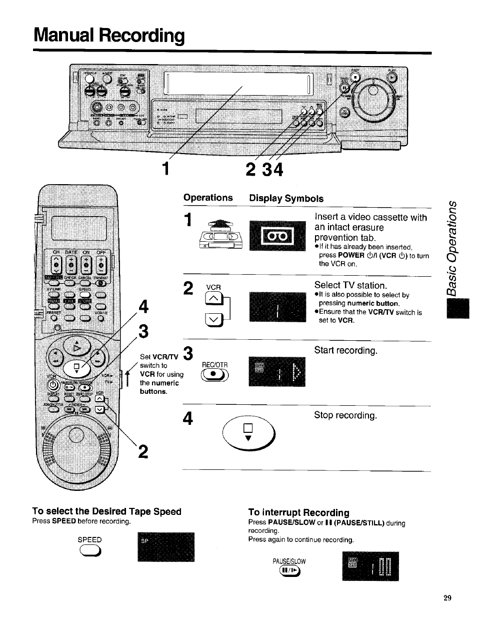 Manual recording, Operations display symbols, To select the desired tape speed | To interrupt recording | Panasonic NV-HS950AM User Manual | Page 29 / 48